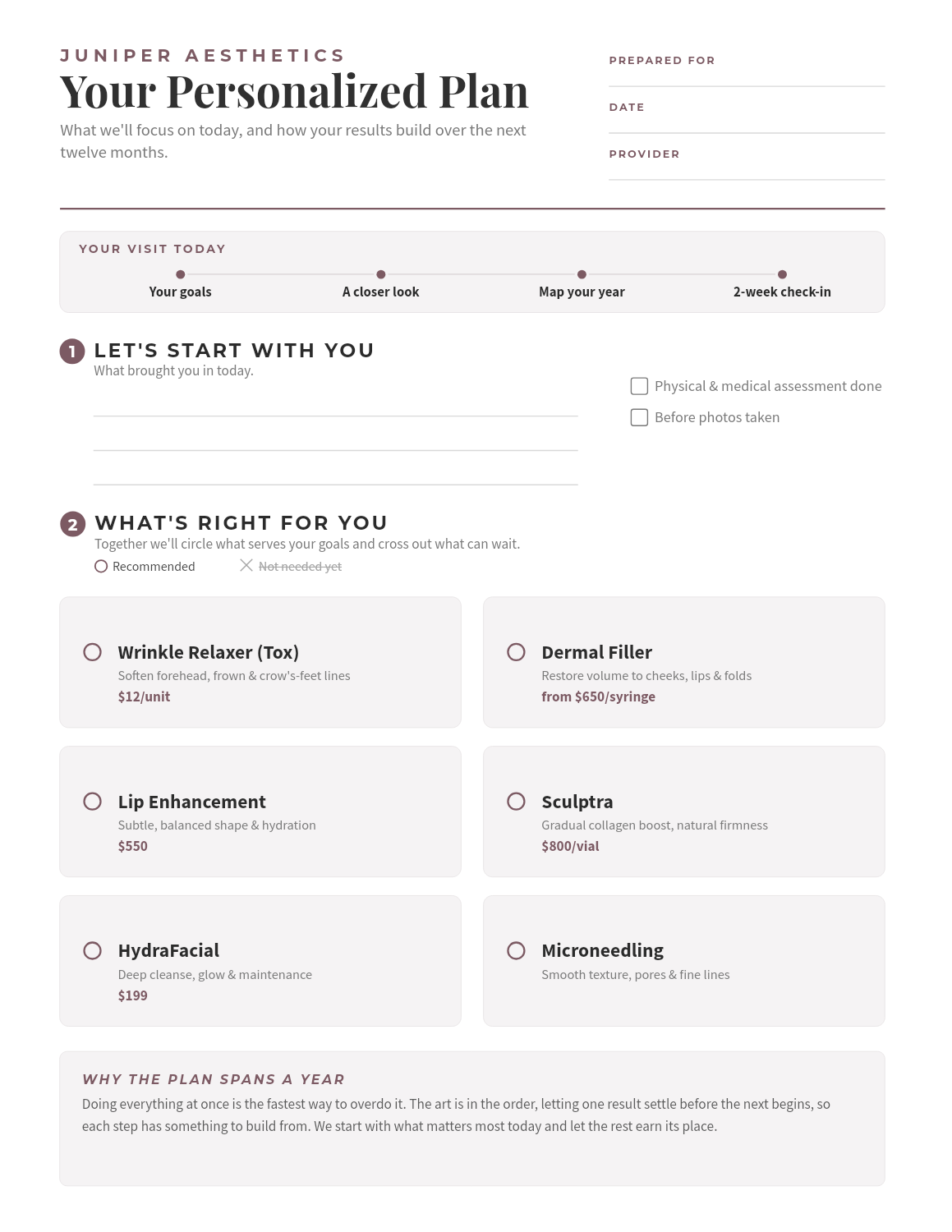 A sample Plan and Menu page from a generated playbook