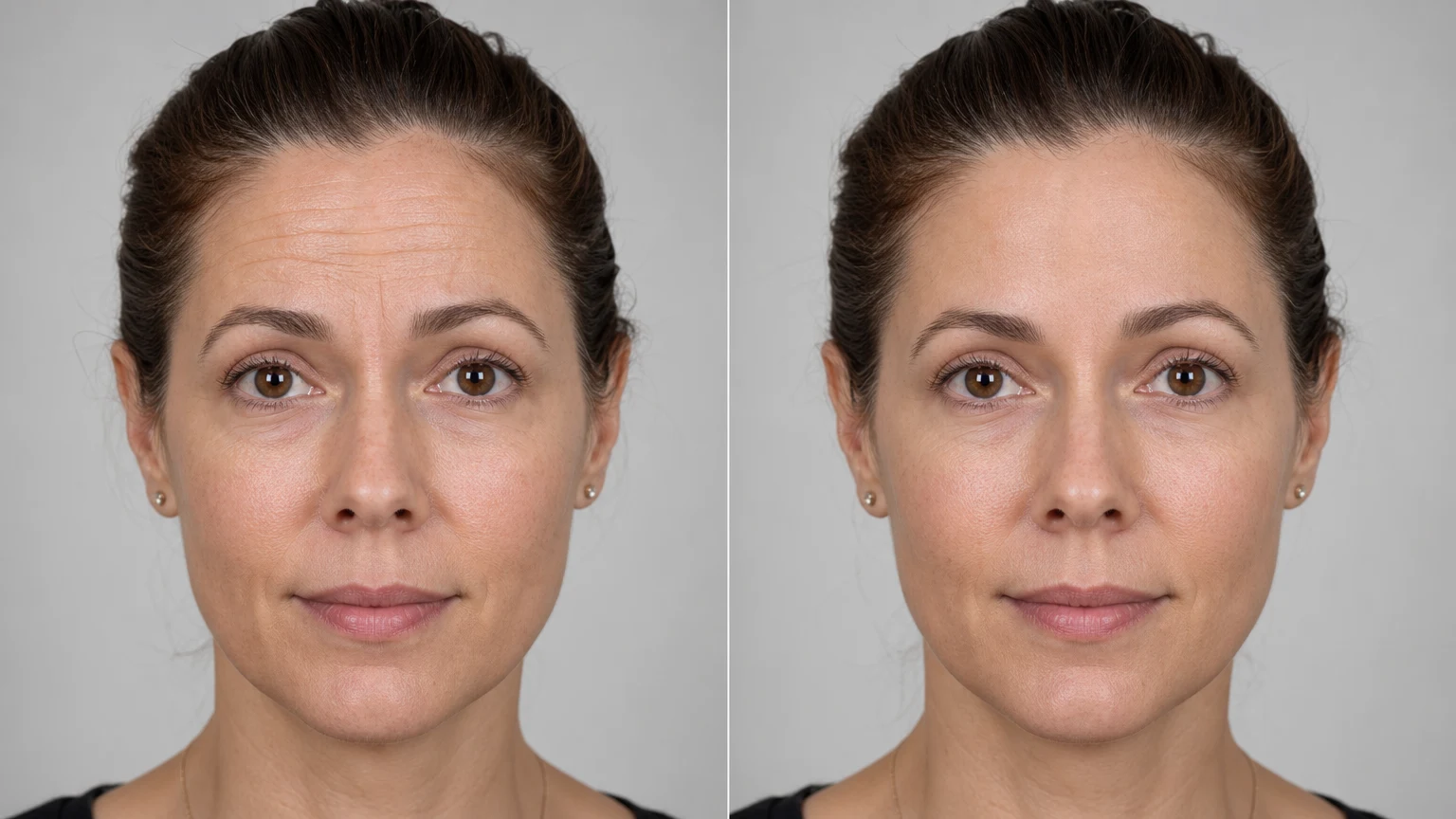 Before-and-after example of forehead and frown lines softened with a neurotoxin.