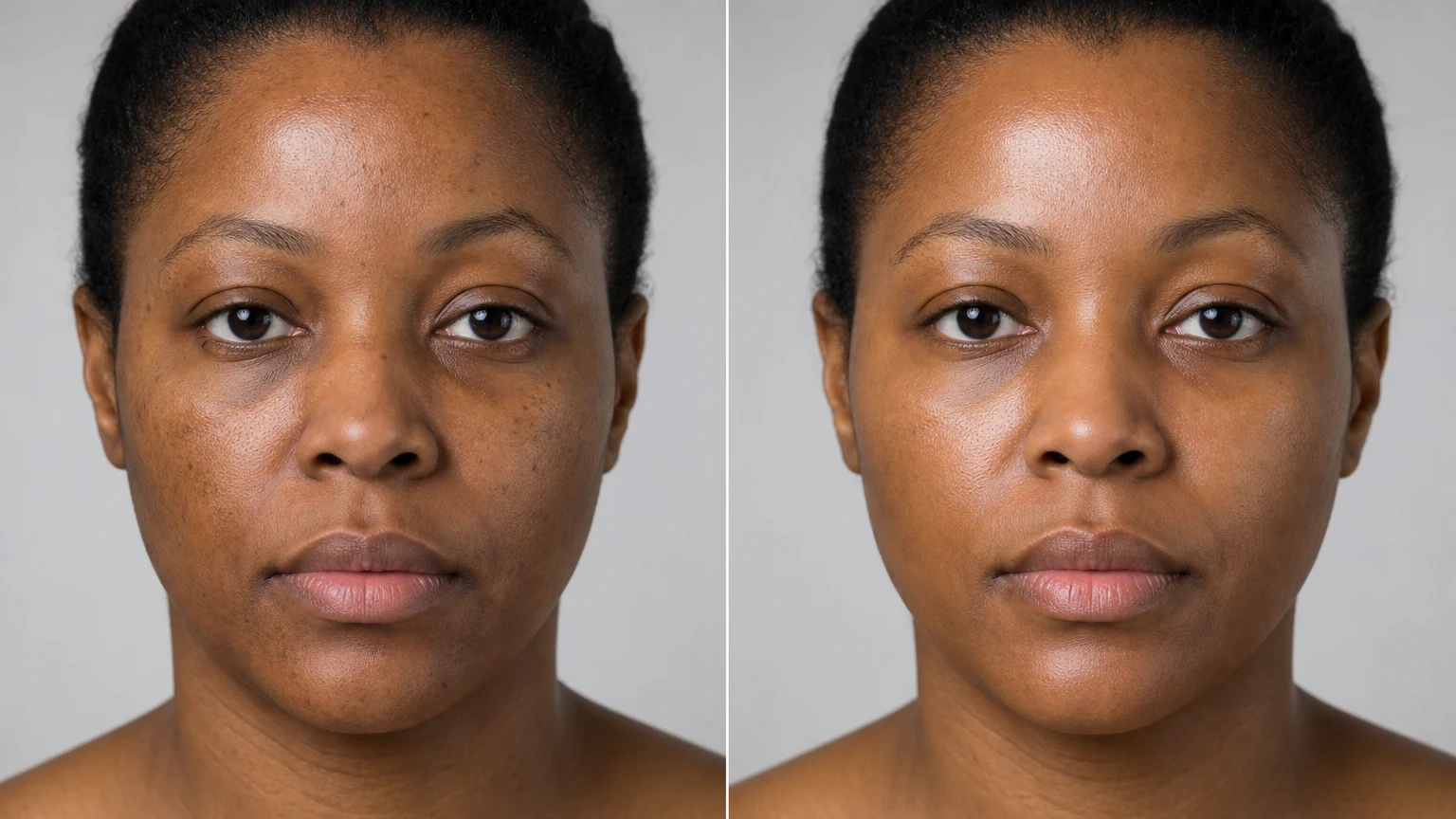 Before-and-after example of brighter, more even skin tone after a chemical peel.