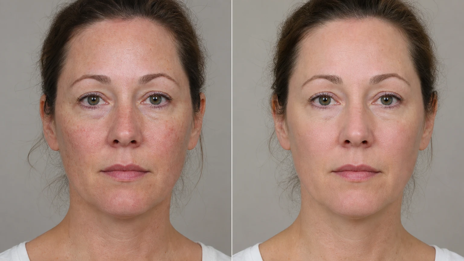 Before-and-after example of reduced sun spots and redness after an IPL photofacial.