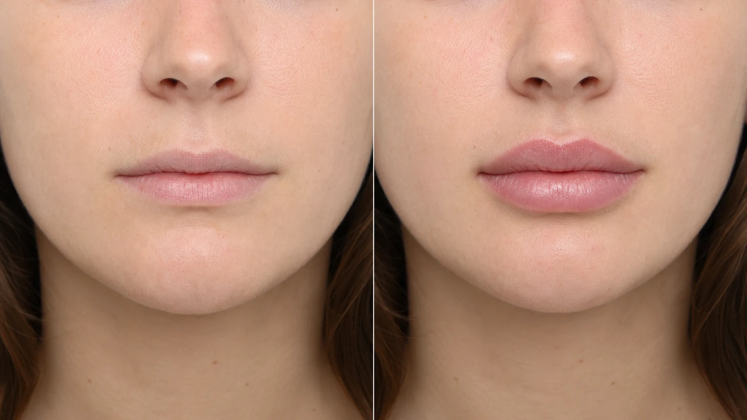 Before-and-after example of subtly fuller, balanced lips from lip filler.