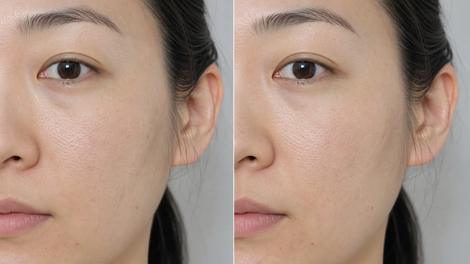 Before-and-after example of refined pores and smoother texture from microneedling.