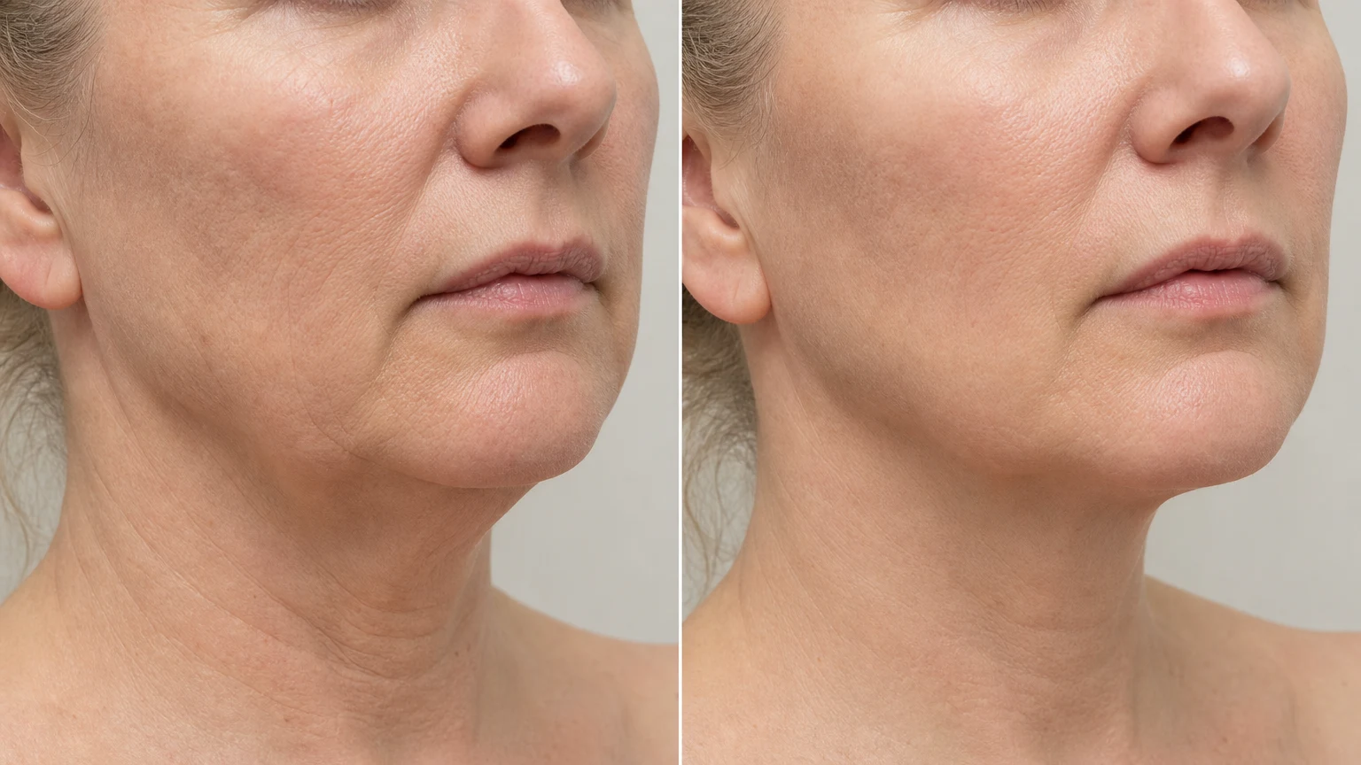 Before-and-after example of a firmer, more defined jawline after Morpheus8.